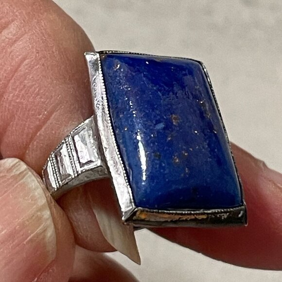 Vintage Genuine Blue Lapis Lazuli Cabochon Rectangular Setting Sterling Ring 4.5 - Picture 3 of 8